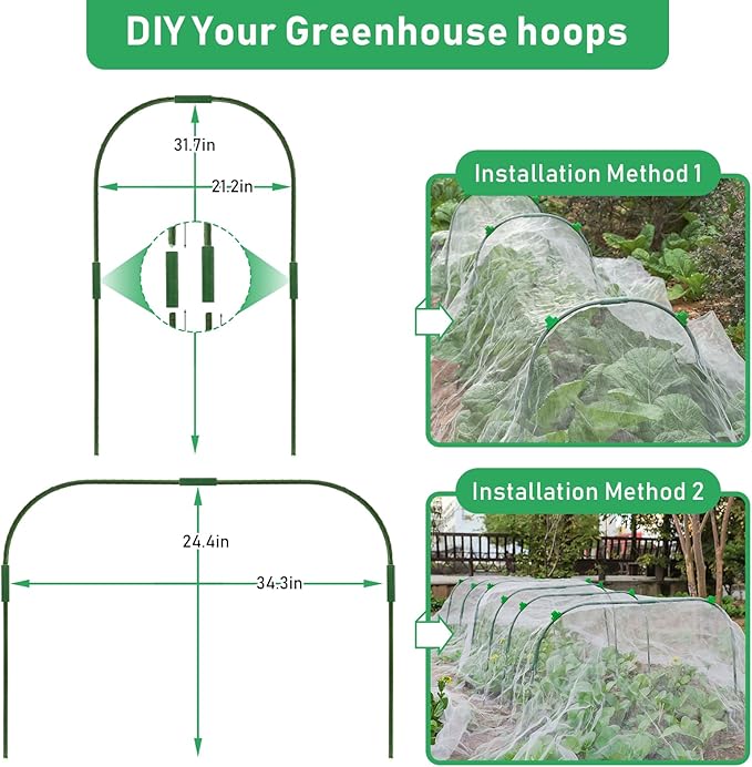 Garden Netting Kit - 10*50FT Ultra Fine Plant Netting Mesh Covers Row Net Protection For Tree Fruit Barrier Vegetable Fruits Flowers Shrubs Plant Covers (6 Pcs Garden Hoops & 18 Clips)