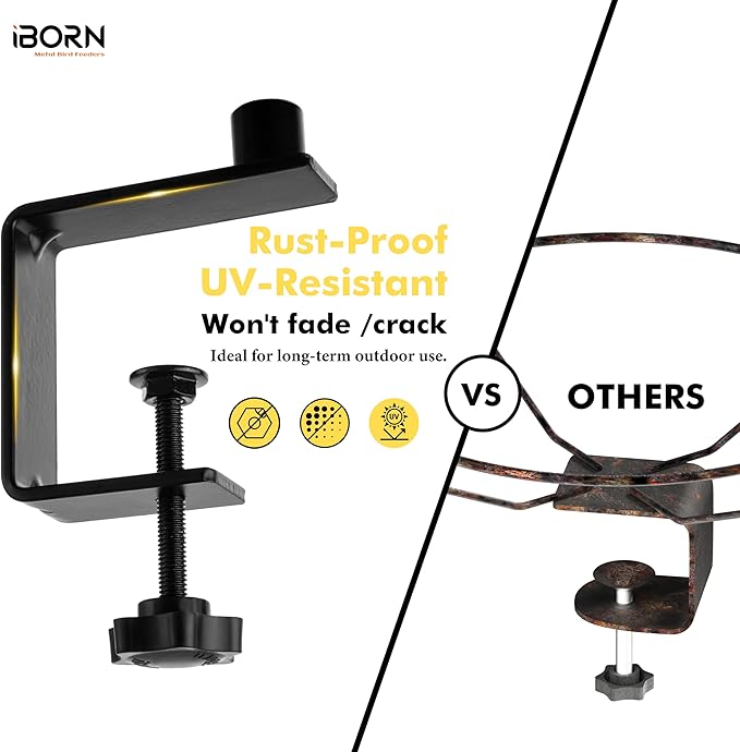 iBorn Deck Bird Feeders for Outdoors,Platform Bird Seed Tray with 5.5 lbs Capacity,Balcony Porch Railing Bird Feeder, Drainage Mesh Holes,Tilt-Proof, Windproof, Anti-Loosen, Easy to Refill&Clean,Black