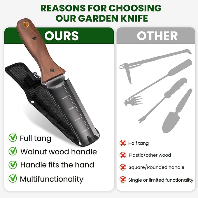 PERWIN Hori Hori Garden Knife, Garden Tools with Sheath, 6" Stainless Steel Blade with Cutting Edge, Full-Tang Walnut Ergonomic Wood Handle with Hanging Hole, Weeding, Planting, Digging