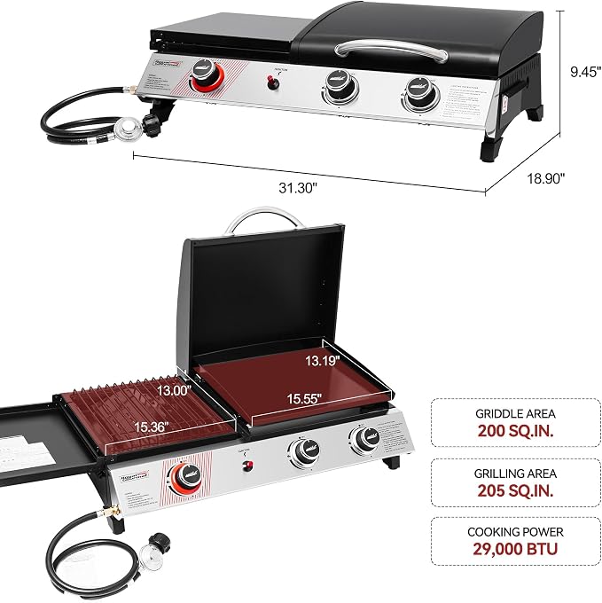 Royal Gourmet PD1305H 3 Burner Propane Gas Grill and Griddle Combo with Lid, 3-in-1 Grill Griddle Combo with 29,000 BTUs Output for Outdoor Cooking, 364 Sq. In. Cooking Area, Silver & Black