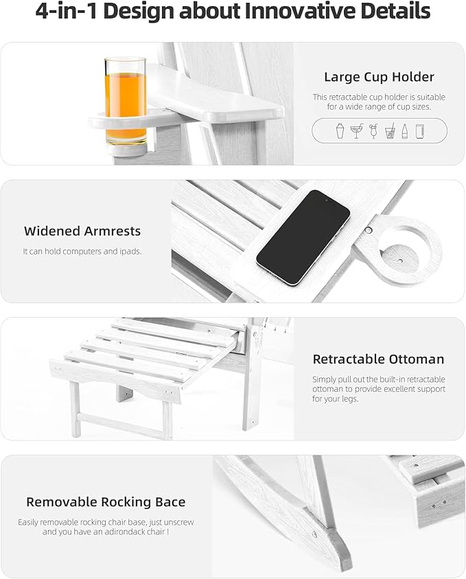 Folding Adirondack Rocking Chair Set of 2,4-in-1 Multifunctional Patio Chairs with Retractable Ottoman, Outdoor Chairs Wood Texture, Lawn Chair for Porch, Backyard, Pool(White)