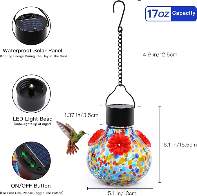 SAVENNA Hand Blown Glass Solar Hummingbird Feeder with Soft Night Light, 17oz Leak-Proof Decorative Feeder for Outdoor Garden Patio Yard – Multicolor