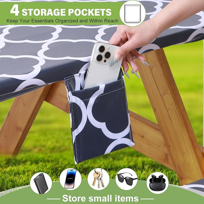 Fitted Picnic Table Cover with Bench Covers Waterproof Elastic Edges Rectangle Patio Tablecloth Outdoor Camping Essentials Stuff Rv Accessories Summer Trip Travel Supplies Party Camper Gifts, 8 ft