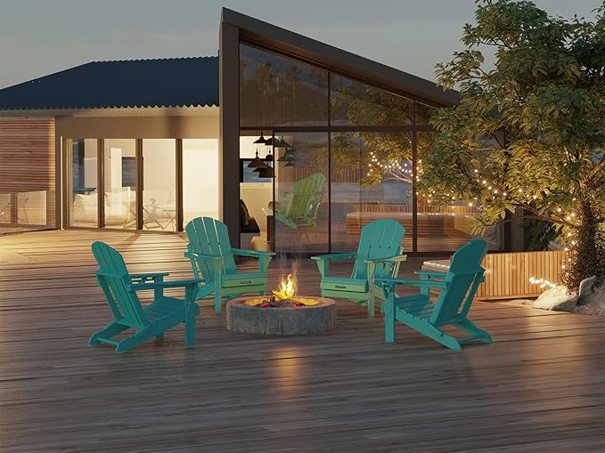 MUCHENGHY Folding Adirondack Chairs, Patio Chairs, Lawn Chairs, Outdoor Chair, Adirondack Chair Plastic, Fire Pit Chairs, Weather Resistant with Cup Holder for Deck, Backyard, Garden(Lake Blue)