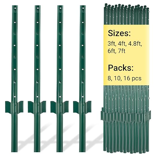 Metal Fence Posts 4.8 FT, 16 Pack Green Heavy Duty U Posts, No Dig T Posts for Fences Wire Mesh, Perfect for Temporary Fencing, Electric Fence Wire, Corner Anchor