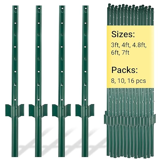 Metal Fence Posts - 10 Pack, 4.8 FT Green Heavy Duty U Posts, No Dig T Posts for Fences Wire Mesh, Perfect for Temporary Fencing, Electric Fence Wire, Corner Anchor