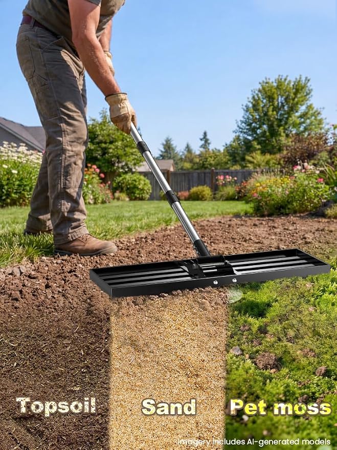 30x10 inch Lawn Leveling Rake, Yumatum 72" Heavy Duty Lawn Leveler Tool, Stainless Steel Handle Lawn Leveler for Yard Golf Pasture Garden, Professional Lawn Care Landscape Rake