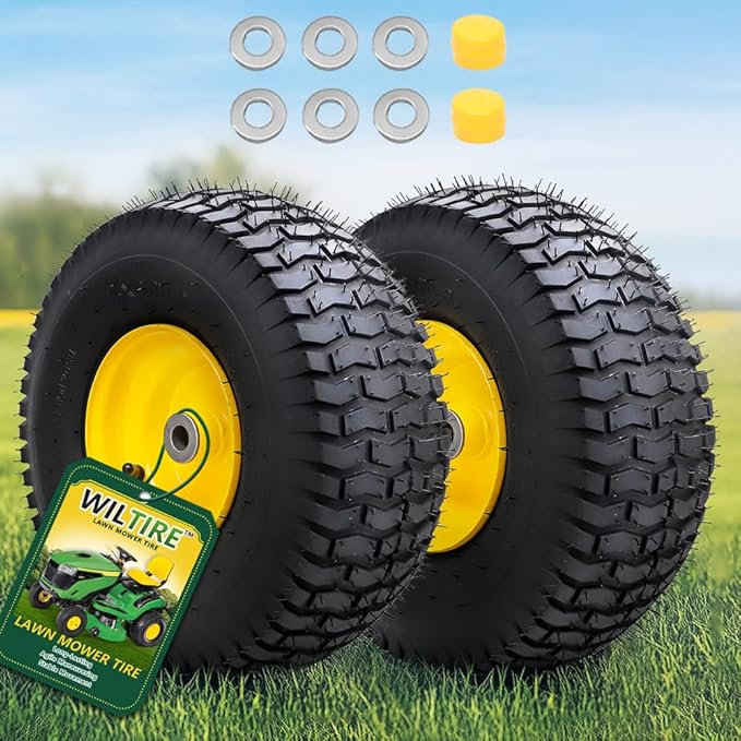 15x6.00-6 Tubeless Tire and Wheel Assembly(2 Pack) ，Replacement Riding Lawn Mower Front Tires,Compatible withRiding Mowers and Lawn Tractor, 3" Centered Hub and 3/4" Bushings（Yellow)