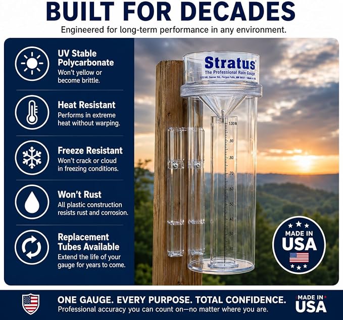Stratus Precision Rain Gauge – 14" All-Weather Gauge with mounting Bracket, Accurate to 1/100", Durable and Easy to Read for Gardeners, Meteorologists, and Weather Enthusiasts | Dual-Cylinder Overflow Design