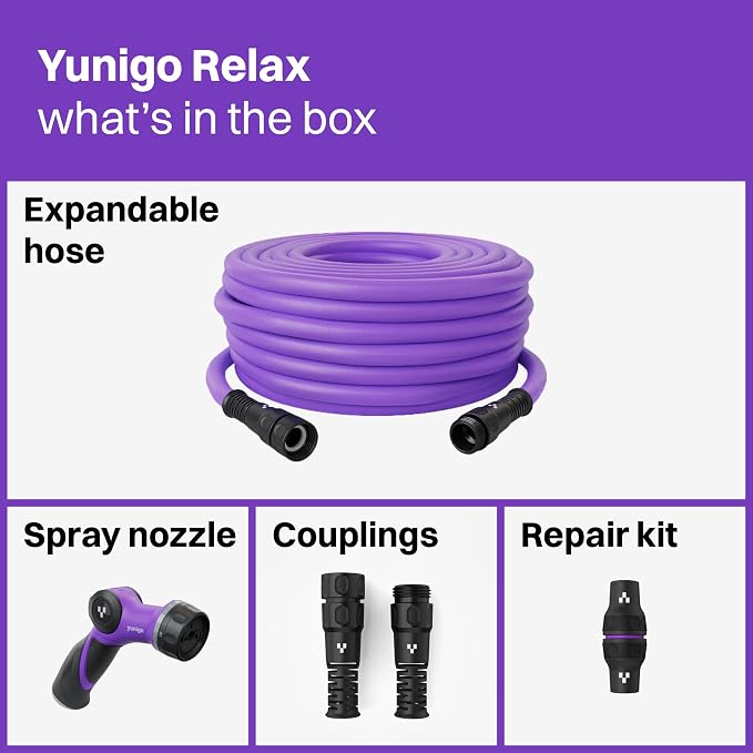 RELAX 50ft Expandable Purple Garden Hose – Lightweight No-Kink Design with Durable Aluminum Couplings, Spray Nozzle & Hose Mender for Home & Garden Watering
