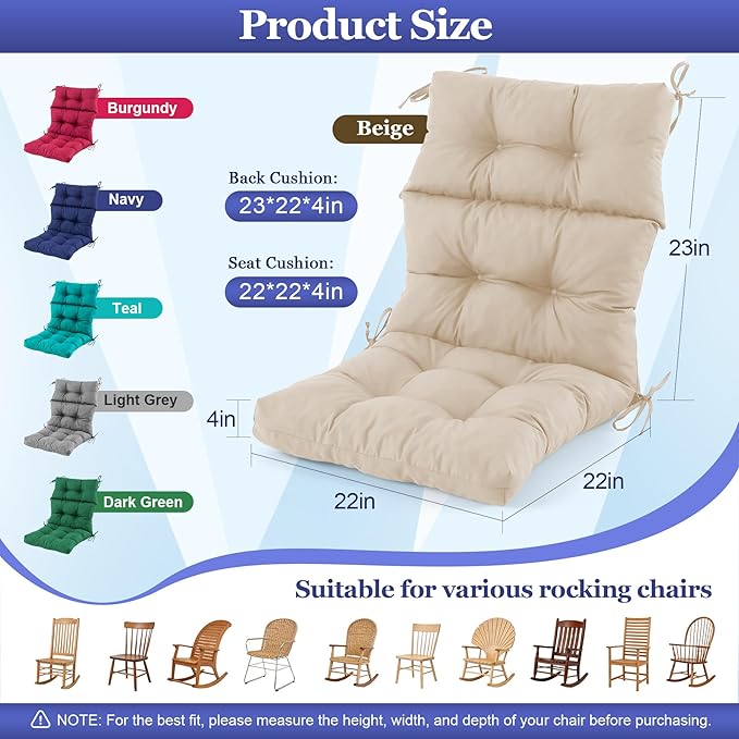 Rocking Chair Cushion, Waterproof and Fade-Resistant Adirondack Rocker Cushions, Indoor/Outdoor Rocking Chair Pads, High Back Memory Foam Patio Furniture Cushions with Ties, 44x23x4 Inch, Beige