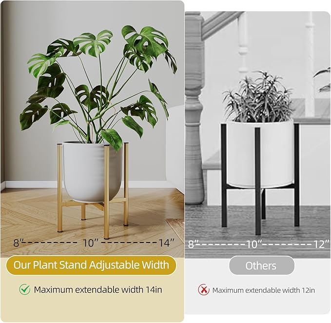 Adjustable Metal Plant Stand Indoor, Fits 8-14 Inch Pots, Mid Century Modern Gold Planter Holder,2 Heights, Heavy Duty 160 lb, Indoor Outdoor Corner Floor Pot Stand, Golden