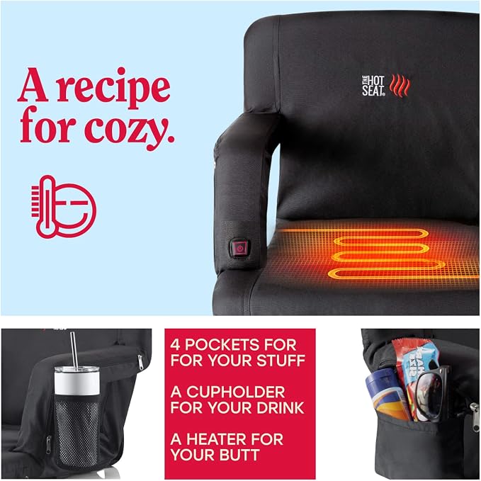 POP Design The Original Hot Seat, Portable Heated Stadium Seat for Bleachers, Reclining Arm and Back Support, Thick Cushion (USB Battery Not Included)