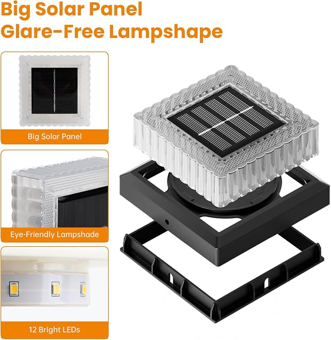 APONUO Solar Post Cap Lights, 8-Pack IP65 Waterproof for 4x4 Posts, 20 Lumens Deck Post Lights Solar Powered Outdoor – Perfect for Fence, Patio, Garden,Decor, Black