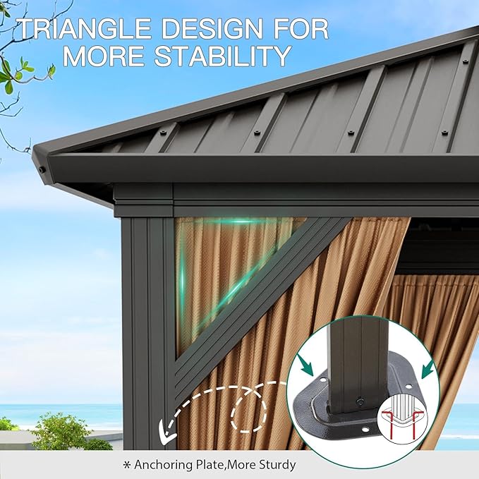 12 x 20 ft Hardtop Gazebo, Heavy Duty Galvanized Aluminum Frame Double Roof Outdoor Pavilion, Faux Wood Grain Metal Roof Gazebo with Netting & Privacy Curtains, Brown Patio Canopy Shelter for Backyard