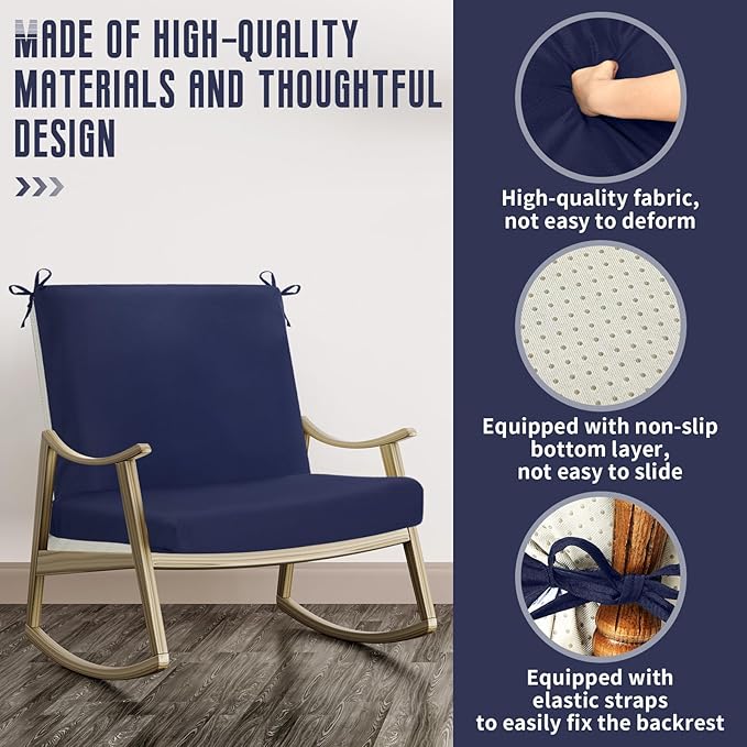 Tudomro 2 Pcs Outdoor High Back Chair Cushion Covers (Not Includes Cushion) Waterproof Patio Replacement Rocking Chair Slipcover Seat Pad Cover with Tie for Furniture (Navy Blue,44'' X 21'')