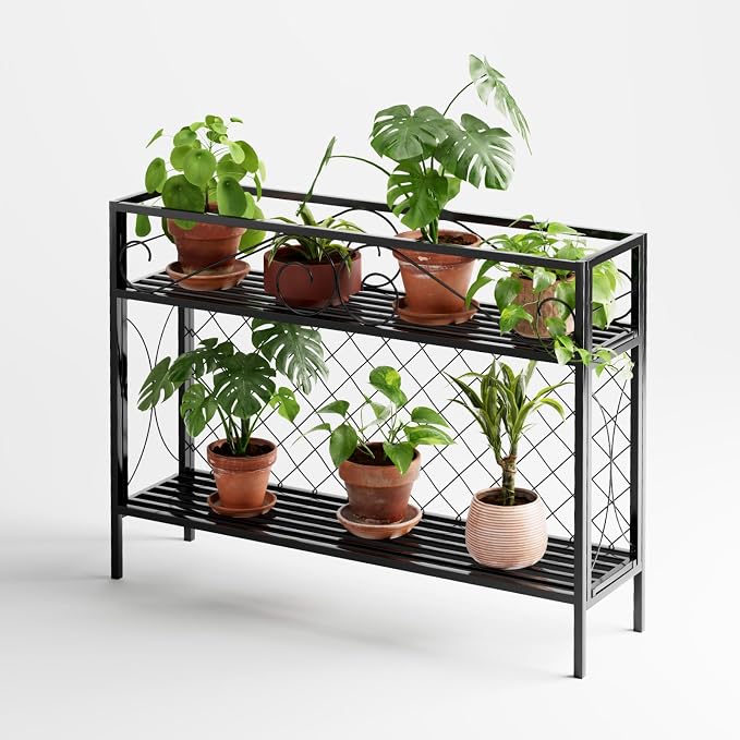 Zhongma 2 Tier Metal Sturdy Narrow Plant Stand, 47.24L x 12.6 W x 35.43 H inch, Indoor and Outdoor Heavy Duty Metal Plant shelf for Small Spaces 440 LBS Capacity
