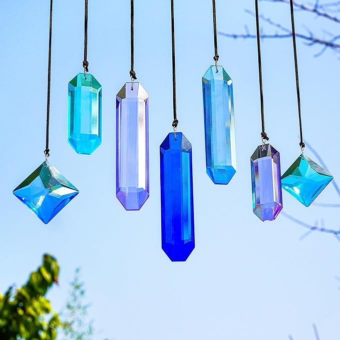 HDCRYSTALGIFTS Crystal Prisms Suncatchers for Window Hanging, 7PCS Blue Dreams Suncatcher Gift for Mom Women Rainbow Maker Sun Catcher Indoor Window Home Garden Christmas Tree Decor