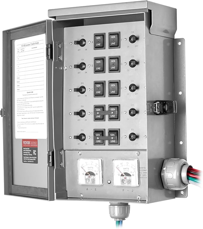 VEVOR Manual Transfer, 50-Amp 10-Circuit, Prewired Generator Transfer Kit with CS6375 Plug Power Inlet Box, Double-Throw, NEMA 3R, Mechanical Watt Meter, for 12500W Generators