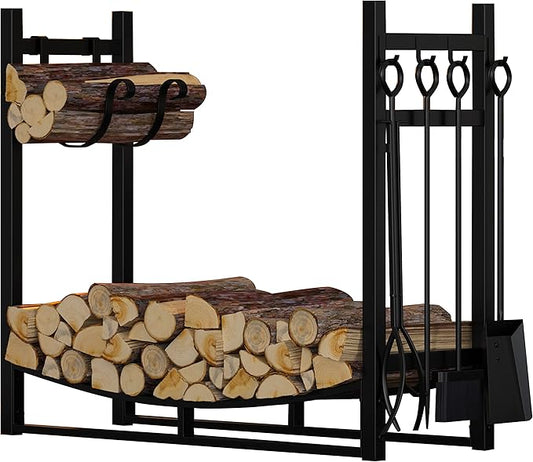 Fire Beauty Fireplace Log Rack with Kindling Holder and Firewood Storage - Includes 4 Tools (19.8")