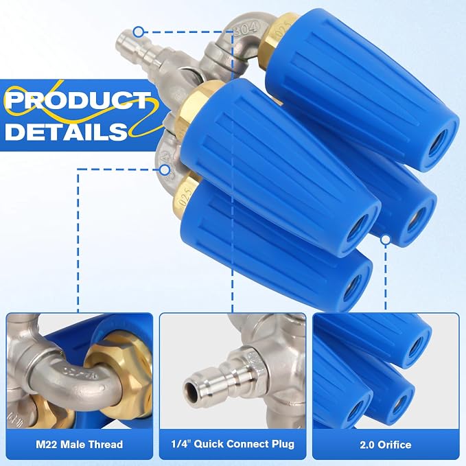 4-in-1 Turbo Nozzle for Pressure Washer, 360° Rotating Power Washer Nozzle Tip, 304 Stainless Steel & Brass, 5000 PSI Best Performance / 7000 PSI Max, 5–10 GPM, 1/4" Quick Connect