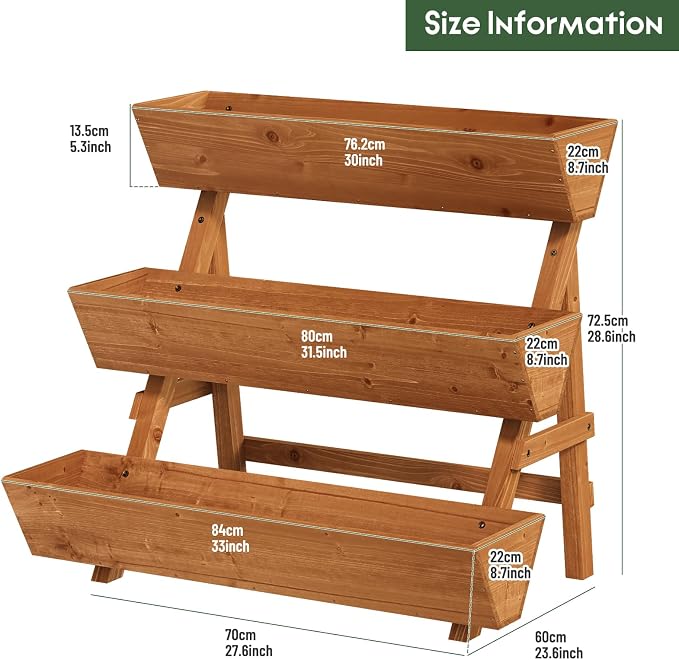Vertical Wooden Raised Garden Bed, Garden Planters Freestanding Wood Plant Stand Flower Rack Wooden Planter Box for Plants Herbs Flowers Vegetables Outdoor Indoor Gardening (3-Tier Large Brown)