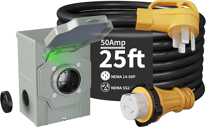 Garvee 50 Amp 25FT Generator Cord and Power Inlet Box Kit, NEMA 14-50P Male to SS2-50R STW 6/3+8/1 AWG 125/250V Twist Lock Connector with Pre-Drilled NEMA SS2-50P Inlet Box for House, ETL Listed