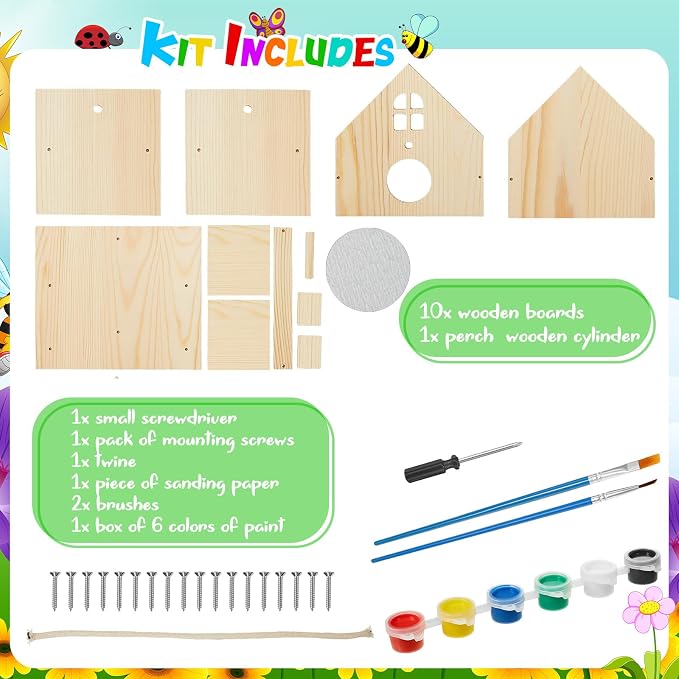 Juexica 2 Pack DIY Birdhouse Kits for Kids Ages 6+ Build and Paint Wooden Bird House Arts and Craft Project with Paint Strips Brushes for Boy Girl Adult Classroom Indoor Outdoor Crafts (Window)