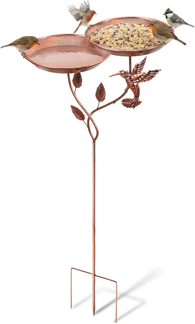 36.6 Inch Rose Gold Metal Bird Bath for Outside - Standing Bird Feeder with Dual Flower Bowls Detachable Birdbath with Hummingbird Decor Metal Stake Base for Garden Yard Outdoor