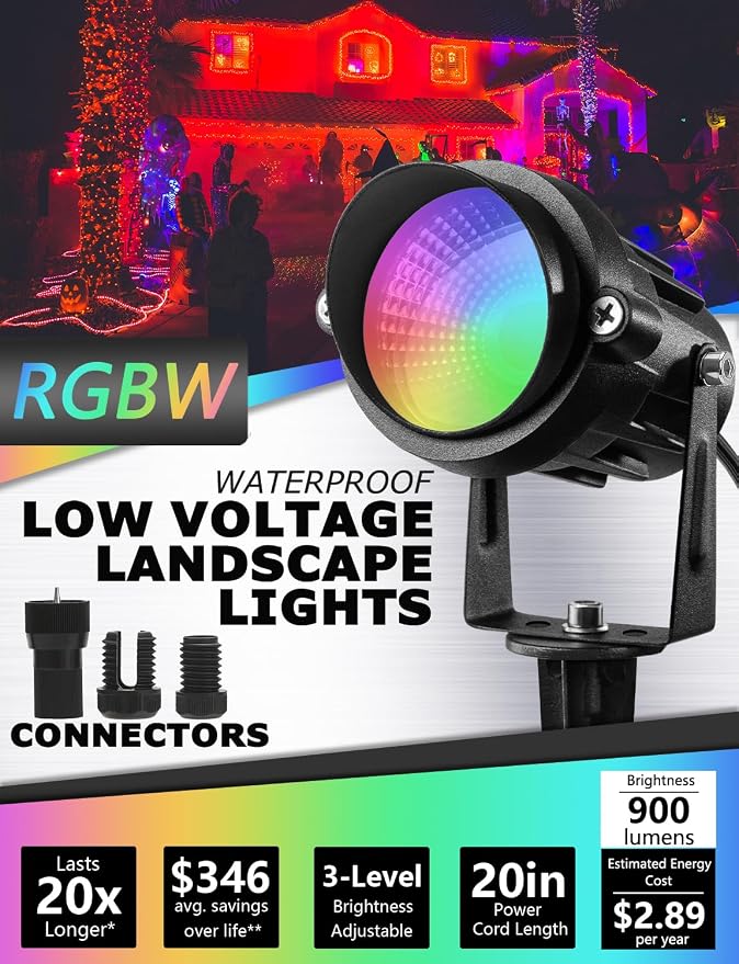 SUNVIE RGBW Low Voltage Landscape Lighting 12W LED Color Changing Landscape Lights Remote Control Waterproof Spotlights Outdoor Landscaping Lights for Yard Garden Christmas 16 Pack with Connector