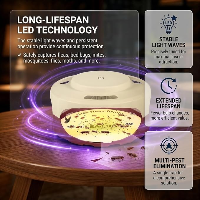 4 Pack Flea Traps for Inside Your Home,Type-C Powered Flea Trap Indoor with Dual Light 30 LED Lights, Indoor Flea Control Device & Bug Light Trap,16 Sticky Pads Refills for Bed&Living Room