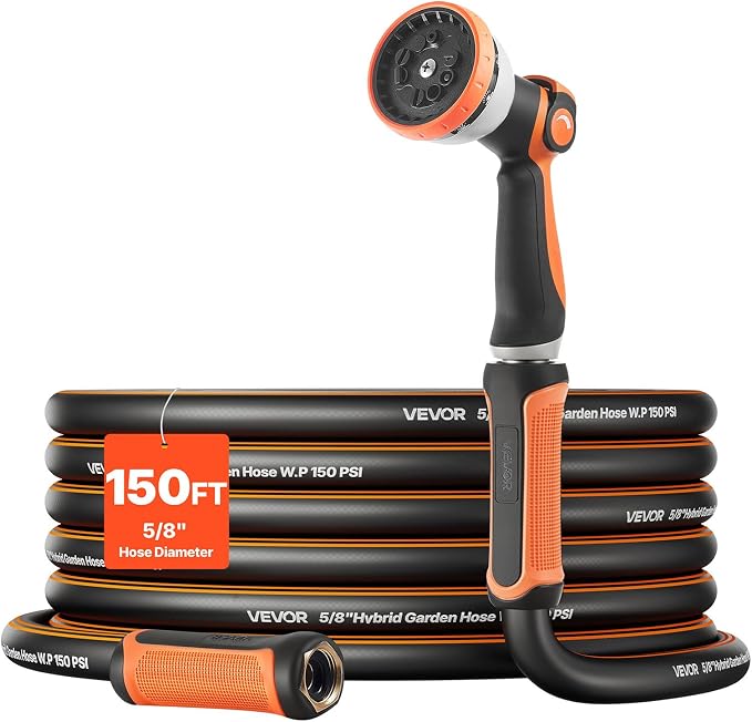 VEVOR Garden Hose, 150 ft 5/8" Heavy Duty Rubber Water Hose with 10 Mode Nozzle, 150PSI Working & 600PSI Burst, Flexible & Non-kink Outdoor Waterhose with 3/4" Fitting, Lightweight Hoses for Gardening