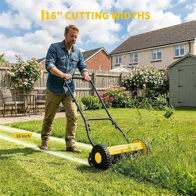 16" Push Lawn Mower, Manual Hand Push Lawn Mower Without Grass Catcher, Lightweight & Portable Walk-Behind Mower for Small Yards, Garden & Patio