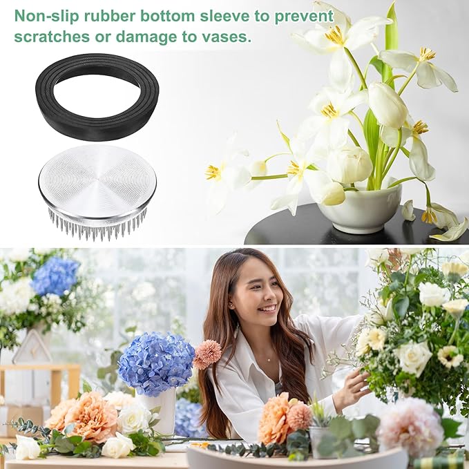 M METERXITY 2-Pack Flower Frog 2.36" Round Steel Floral Arranger Pins Ikebana Holder W Rubber Base for Flower Arrangements/Craft Plant/Home Decor, Floral Kenzan Fixed Tool [1.1cm Pins]