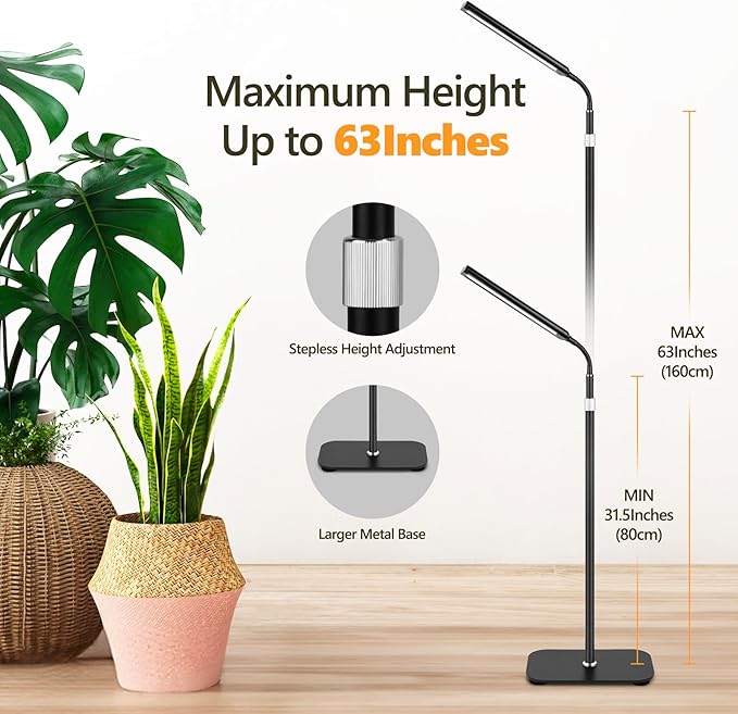 Grow Light for Indoor Plants, Full Spectrum LED Grow Light with Stand, Auto On/Off Timer, Height Adjustable Floor Plant Lamp with Gooseneck, 10-Level Dimmable Light for Small Tall Houseplants