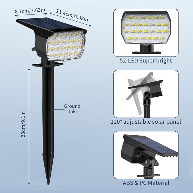Solar Spot Lights Outdoor 6 Pack, [52 LED/ 6 Lighting Modes] Solar Lights Outdoor Waterproof IP65 Dusk to Dawn Solar Powered Landscape Spotlights for Outside Yard Garden Pathway Lawn