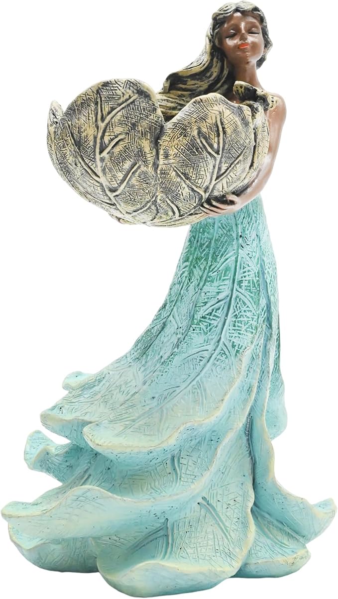 Resin Fairy Statue Bird Feeder 9.4 Inch Tall for Garden Decor, Doubles as a Decorative Birdbath or Water Feature, Ideal for Fairy Gardens, Cottagecore Themes & Porch Decor
