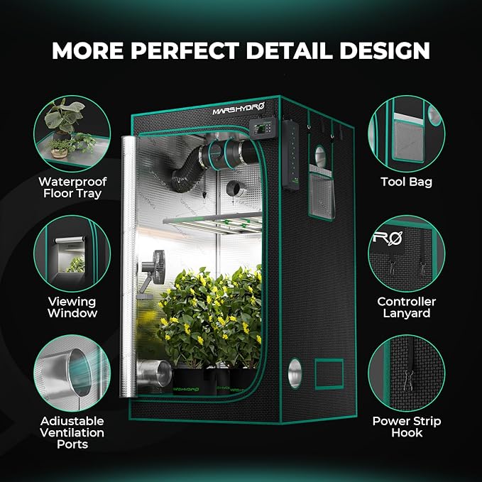 MARS HYDRO 2.6x2.6 Advanced Grow Tent, 32"x32"x63" High Reflective Mylar 1680D for Hydroponics Indoor Plant Growing, with Observation Window,Floor Tray and Smooth Zipper for TS1000/FC3000/FC-E3000