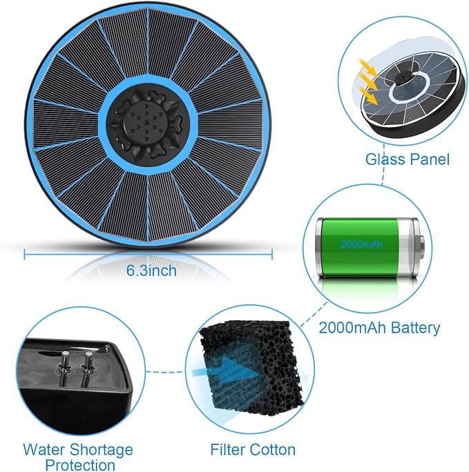 Yzert Solar Fountain with 2000 mAh Battery Backup Works in Cloudy, Glass Solar Powered Bird Bath Fountains with 7 Nozzles, 3.5 W Solar Fountain Pump for Birdbath,Garden, Outdoor, Pond