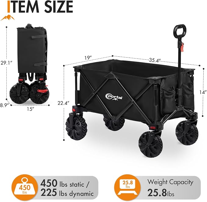 PORTAL Heavy-Duty Folding Wagon Cart, Large Collapsible Utility Wagon with All-Terrain Wheels for Beach, Camping, Garden & Grocery