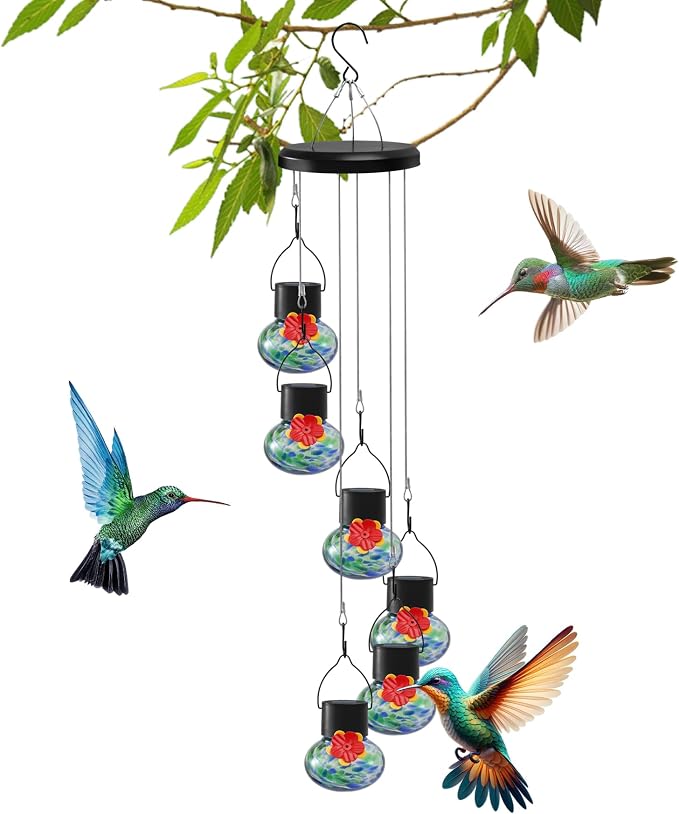 Solar-Powered Hummingbird Feeder with Wind Chime Elegance – 6 Leak-Proof Glass Ports, Frosted Design & Blue Green Night Lights – Perfect Outdoor Gift for Nature Enthusiasts