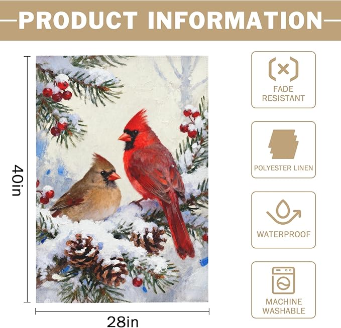 Winter Cardinal House Flag 28x40 Inch Pinecone Holly Christmas Snow Scene Holiday Decorative Garden Flags for Outside Double Sided Seasonal Outdoor Home Farmhouse Decoration Yard Porch Decor
