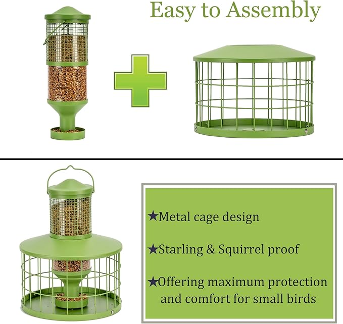 Caged Bird Feeders Squirrel-Proof, Metal, 2.8Lbs Capacity-Cage Tube Seed Feeders with Tray, Hanging Wild Bird Feeders, Attract Birds,Detachable Cleaning, Starling Proof Wild Bird Feeder（Green）