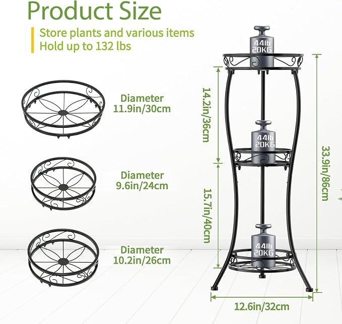iDavosic.ly 3 Tier Plant Stand for Indoor Outdoor Set of 2, 34 Inch Vertical Flower Pot Display Holder Shelf and Metal Tall Corner Orchid Rack for House Patio Balcony Garden Living Room Porch, Black
