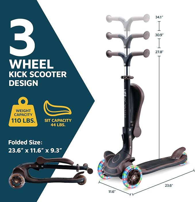 3 Wheel Scooter for Kids with Foldable Seat, Adjustable Handlebar Height, Lean-to-Steer Ride On Toy for Kids Ages 2+, Light-Up LED Wheels, Wide Anti Slip Deck, Indoor & Outdoor Use
