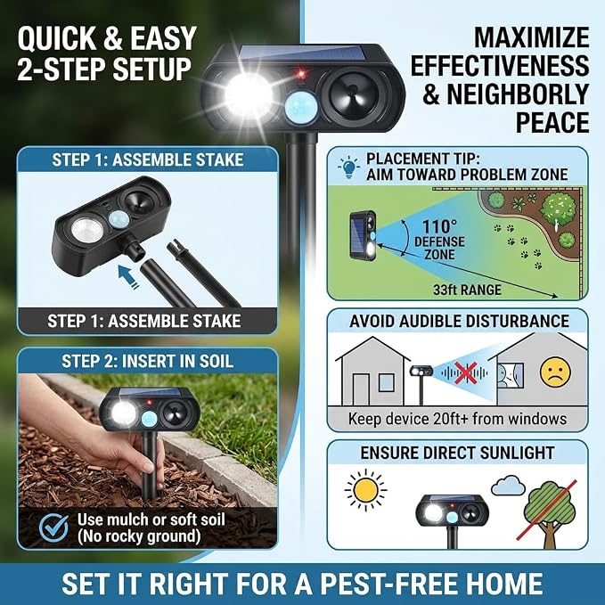 2026 Upgraded Sonic Fortress Pro Deer Repellent Devices,Feral Cat Deterrent Outdoor Solar Ultrasonic Animal Repellent with Motion Sensor&Flash Light, Raccoon Fortress Pro for Garden&Yard 2Pack