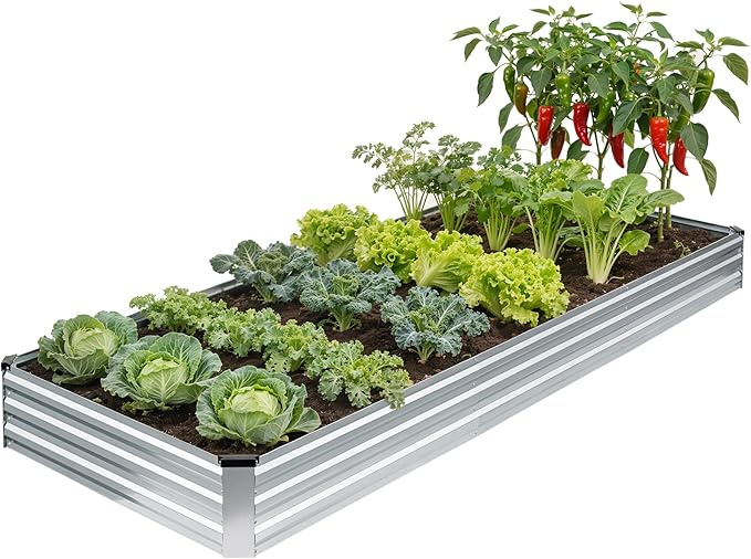 G GOOD GAIN 12x4x1ft Galvanized Raised Garden Bed, Heavy-Duty Metal Planter Boxes Outdoor for Vegetables Flowers Herbs, Silver(1 Pack)