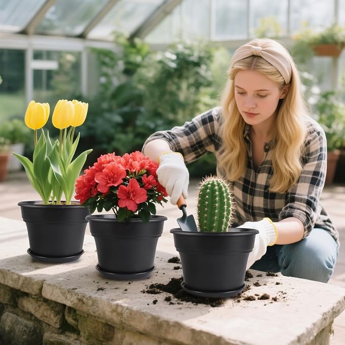 Myfeegoin 16-inch-Plant-Pots, 4 Pack Large Planters for Outdoor Plants, Plastic Flower Pots Indoor with Drainage Holes & Trays, Classic Garden Pot Container for House