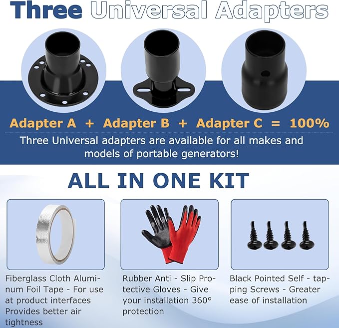 Generator Exhaust Extension Kit with Three Adapters, ALL-IN-ONE KIT, Insulated Wall Plate, Compatible with All Portable Generators, Reduces Noise by 55% with Superior Silencing Grille