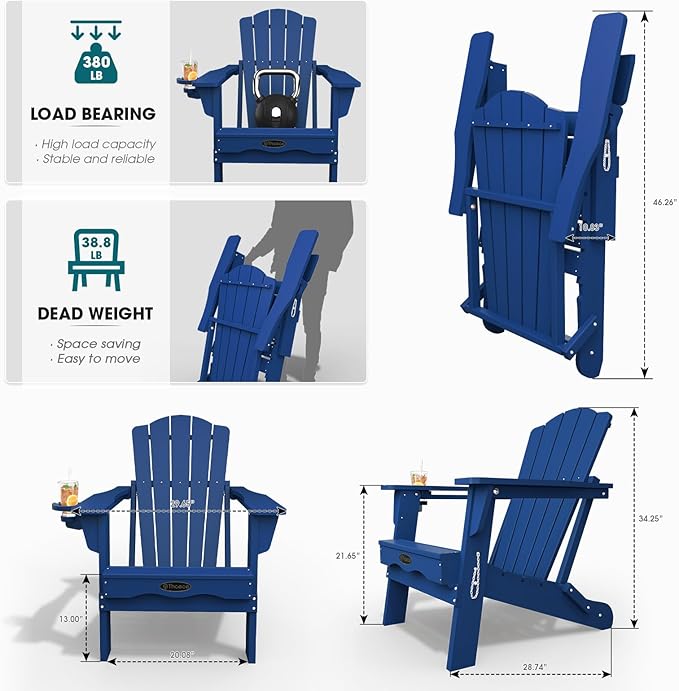 THOEOE Folding Adirondack Chair Set of 2, HDPE All-Weather Outdoor Chair with Cup Holder, Wooden Textured, Fire Pit Chair, Plastic Patio Chair for Deck, Backyard, Garden, Lawn, Navy Blue